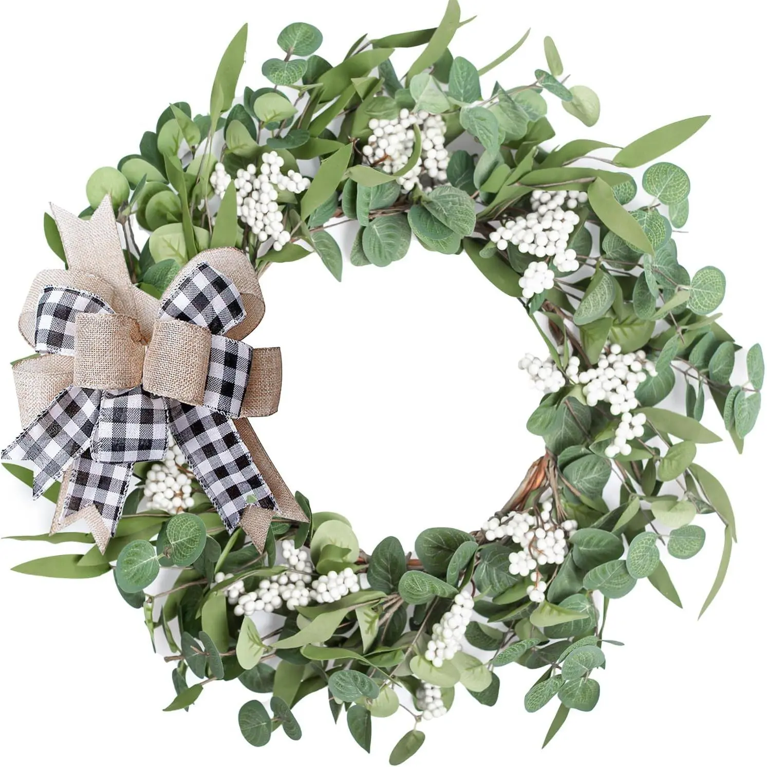 Artificial Eucalyptus Wreath for Front Door 20" Green Leaf Wreath | for Window  Porch  Patio and Garden Indoor Outdoor Decor with Bow for Spring Summer Fall Winter