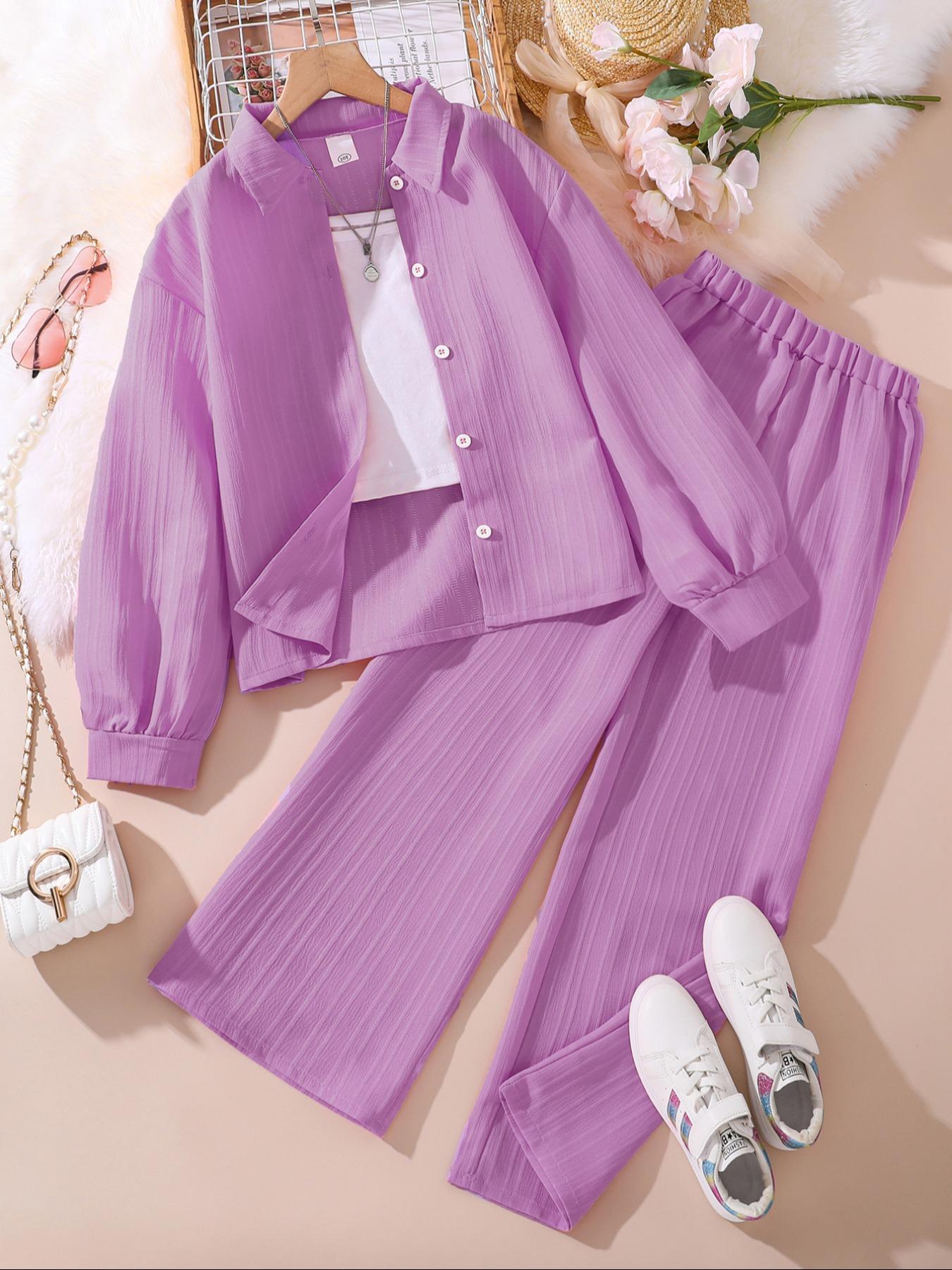 Girls' 2-Piece Set, Plain Color, Collar Design, Button Open Jacket, Long Sleeve, Elastic Waist Pants, Casual Fashion, Comfortable Style