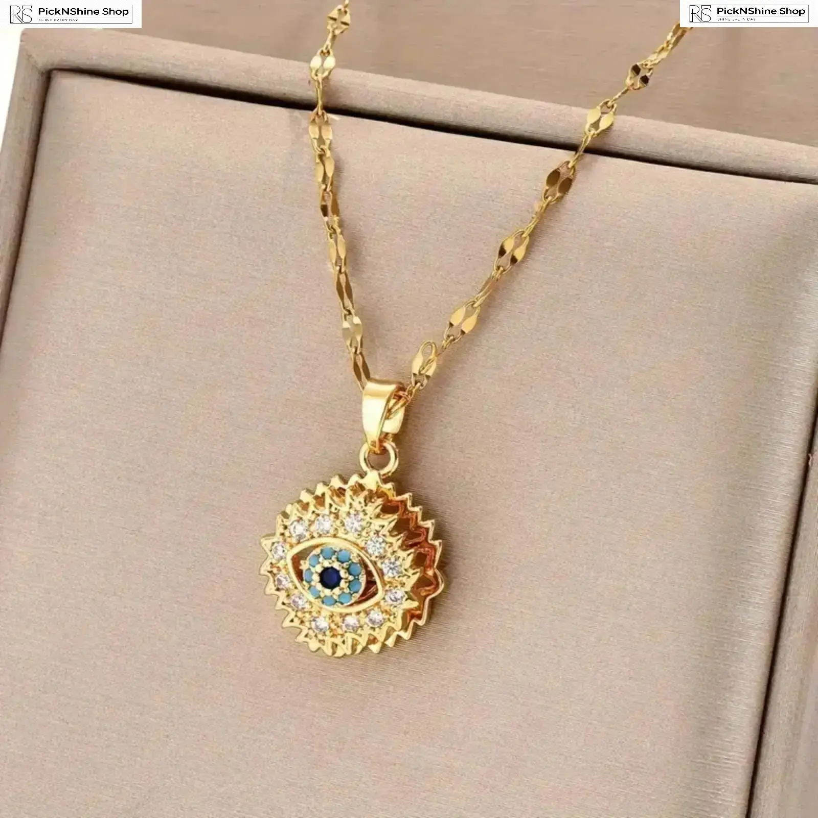 Rotating Evil Eye Necklace for Women, Gold Tone Blue Eye Pendant Necklace with Sparkling Rhinestone Detail, Minimalist Lucky Charm Jewelry, Trendy Layering Necklace for Girls, Fashion Accessories Gift for Birthday Valentine’s Day Everyday Wear