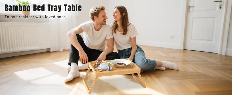 Bamboo Bed Tray Table with Foldable Legs, Breakfast in Bed Tray for Eating, Kitchen Serving Trays, Folding Table for Sofa, Beds, Eating, Working, Used As Laptop Desk Snack Trays, Brown