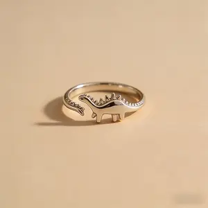 925 Silver Plated Jurassic Dinosaur Ring, Adjustable Cute Animal Theme Ring, Suitable for Couples' Daily Wear, Party Jewelry Gift