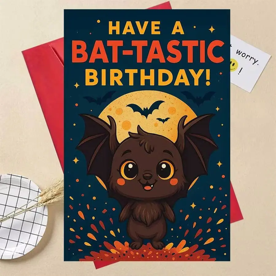 Cute Bat Birthday Card, Have a Bat-Astic Birthday Design, Adorable Bat-Themed Party Invitation, Perfect for Halloween, Fun Gift for Bat Lovers