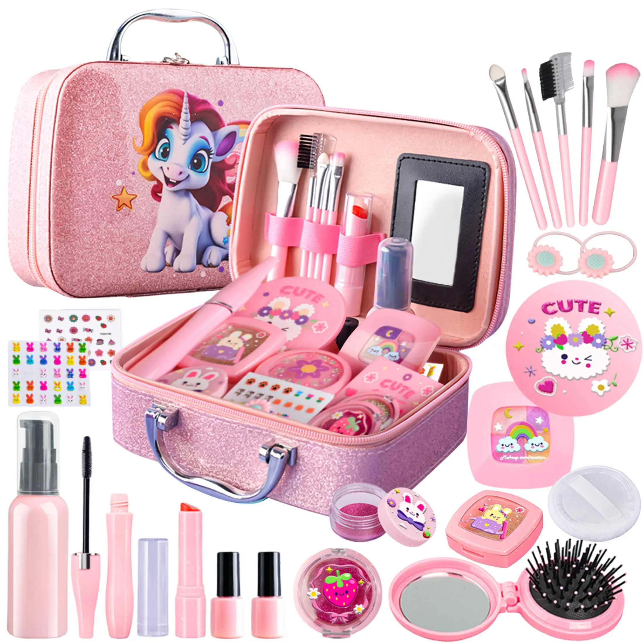 Girl Pretend Play Makeup Toy Set, Chemical-Free, Cute Bunny Accessories, Powder, Brush, Hair Tie, Lipstick, Ages 3+, Unisex, Pretend Playset