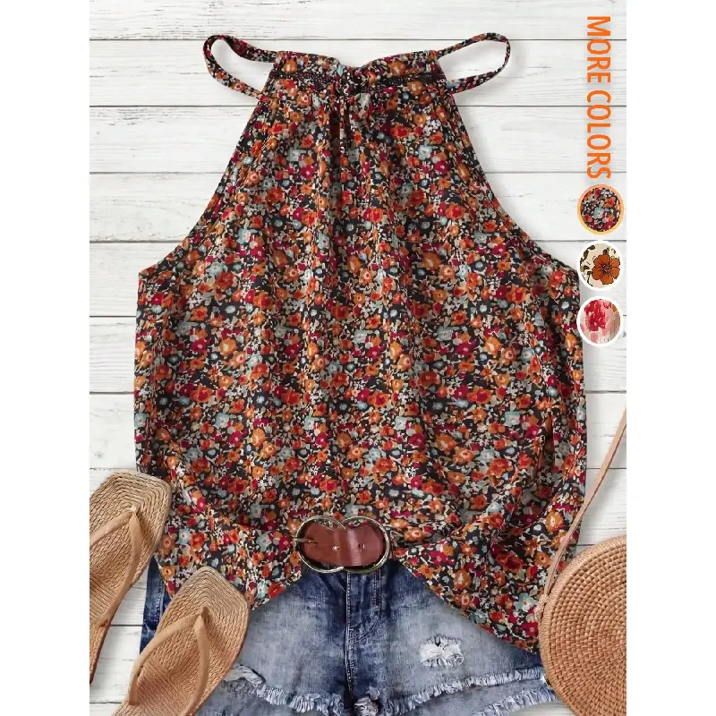 Women's Floral Casual Sleeveless Halter Neck Drawstring Tank Top, Perfect for Daily Commute and Home Wear, Comfortable and Stylish