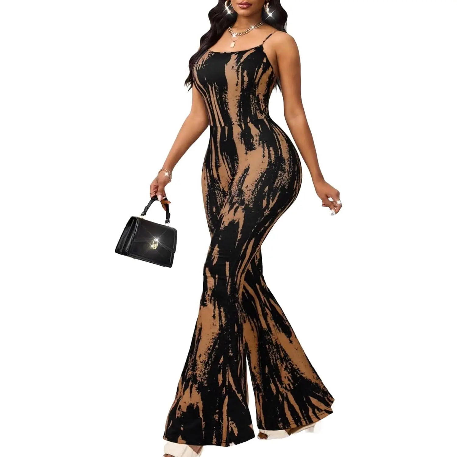 Women's Chic Vintage Polyester Fitted Stretchy High-Waisted Wide Leg Tie-Dye Sleeveless Spaghetti Strap Backless Adjustable Bodycon Cut Jumpsuit - Style-Focused Cocktail, Evening Party Outfit (Birthday Gift)