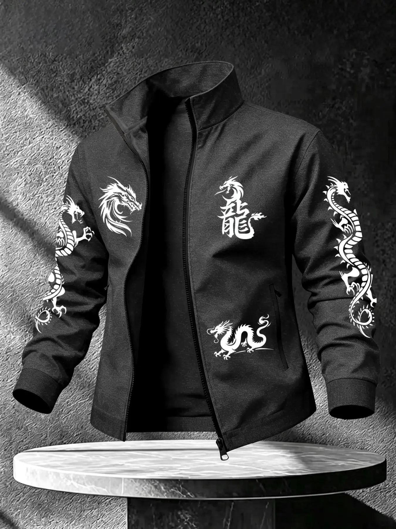 Men's Stand Collar Sport Jacket, Dual Dragon Print Casual Zipper Outerwear, Trendy Loose Fit Athletic Leisure Coat, Casual Fashion Outerwear