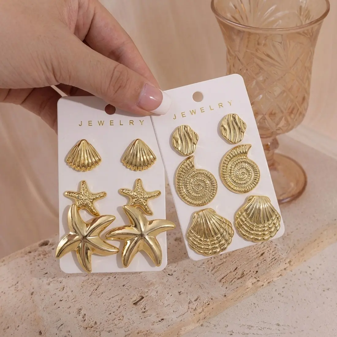 Women's Boho Starfish-Shell Earrings Set, Female Coastal Beach Trend Jewelry, Multi-Piece Ocean-Inspired Lightweight Dangle Earrings, Plastic-Stainless Steel Summer Vacation Statement Accessories, Cute Gift for Party & Daily Wear, Drop Earrings, Steel Pla
