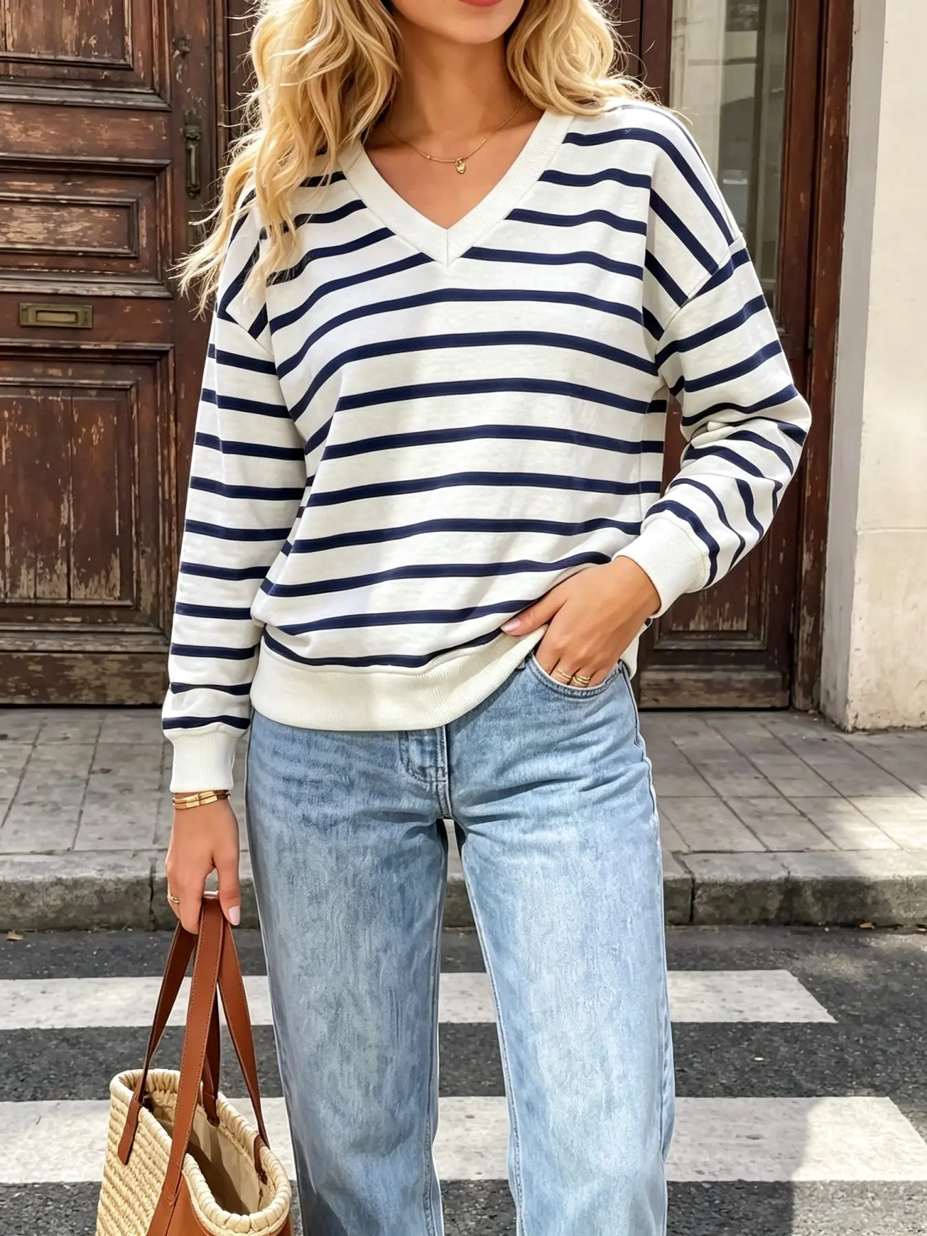 V Neck Horizontal Stripe Drop Shoulder Sweatshirt, Loose Lazy Casual Cropped Pullover Top French Vintage Striped V Neck Oversized Sweatshirt, Versatile Drop Shoulder Long Sleeve Top for Daily Commute Lazy Style V-Neck Striped Oversized Pullover Sweatshirt