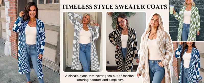 FMEYOA Womens Checkered Long Cardigans Chunky Oversized Open Front Batwing Sleeve Color Block Knit Sweater Coats
