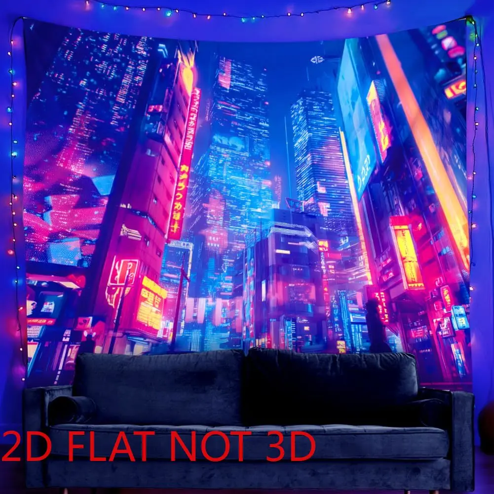 UV Reactive Neon Glow-in-the-Dark Cotton Tapestry - 2D Flat Cyberpunk Black Light Wall Hanging, Vertical Futuristic Cityscape Home Decor, Machine Washable Bedroom Wall Art