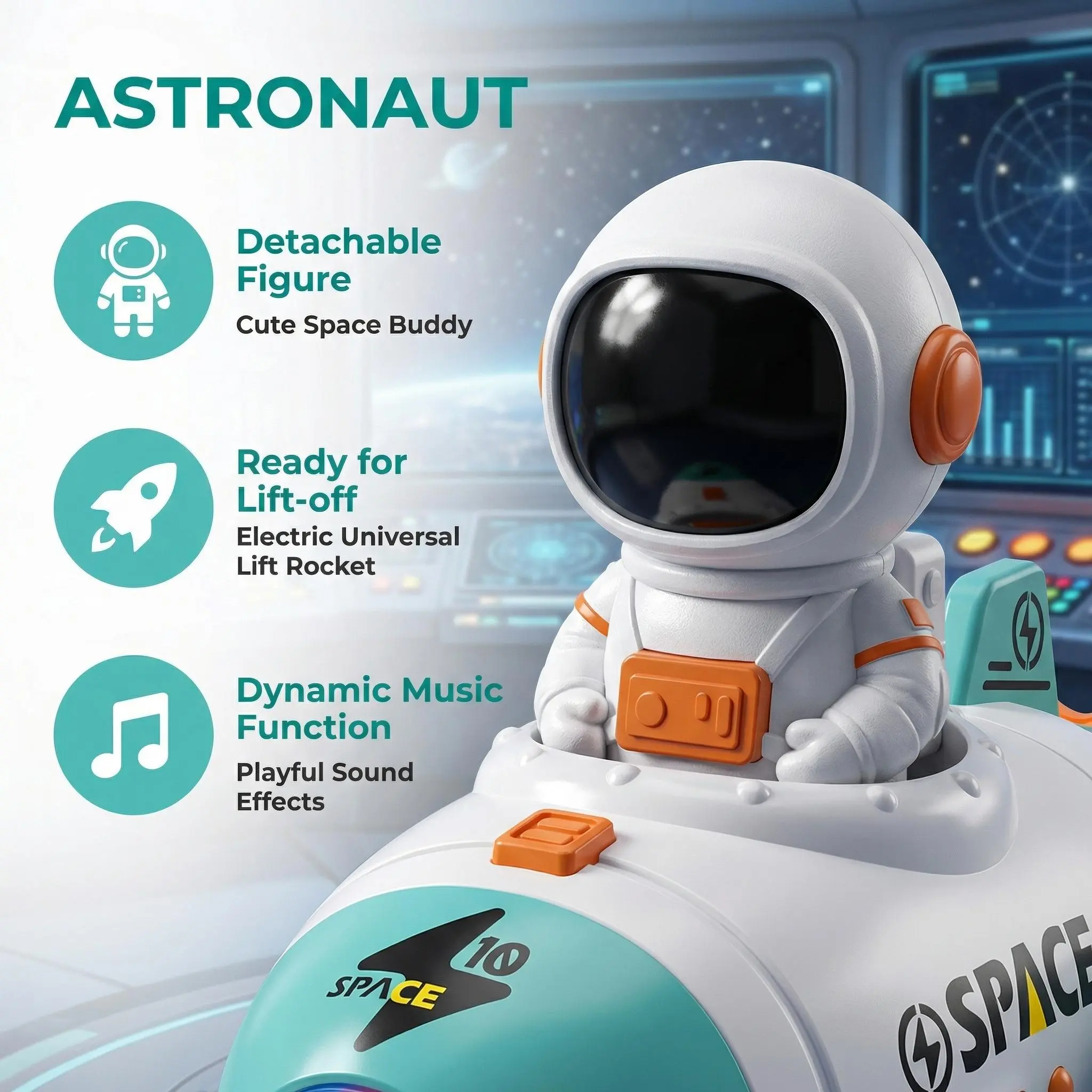 Kids Rocket Toy Astronaut Spaceship with LED Lights & Music, 360° Rotating Interactive Space Toy, Educational ABS STEM Toy for Toddlers & Kids
