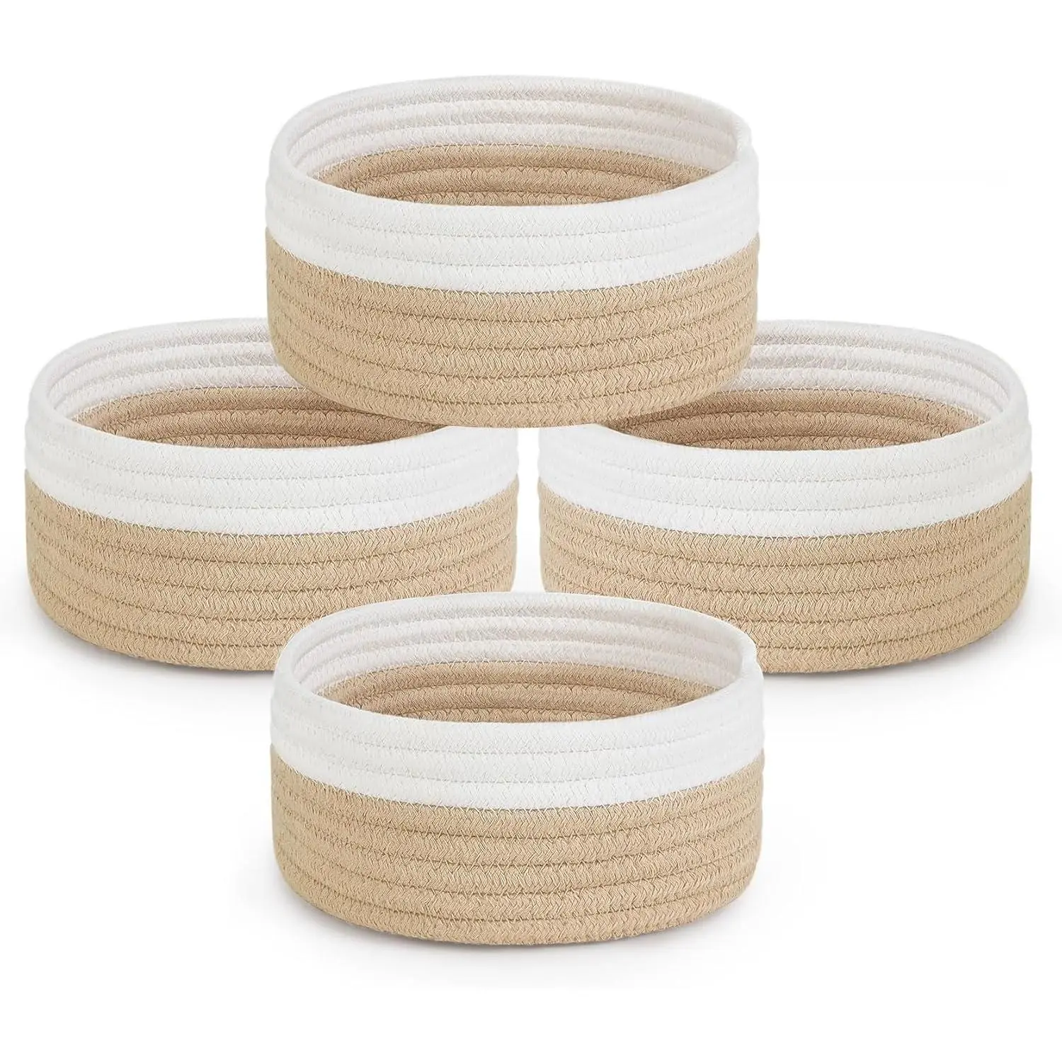 Set of 4 Mini Small Woven Gift Baskets for Organizing, White & Beige |   7.09" W x 3.15" H, Tiny Round Cute Cotton Rope Baskets, Easy Reshape, Soft Odor-Free, Versatile Storage for Bathroom Shelves
