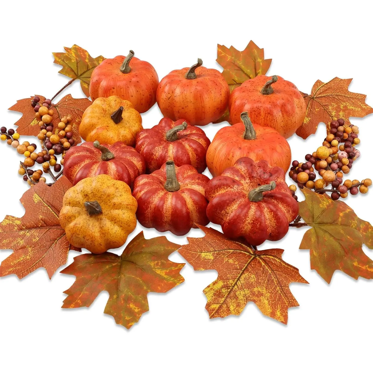 16PCS Realistic Mini Artificial Pumpkins for Fall Decorations Indoor Outdoor Home Table Centerpieces Thanksgiving Halloween Party Berries Maple Leaf Autumn Fillers Decor