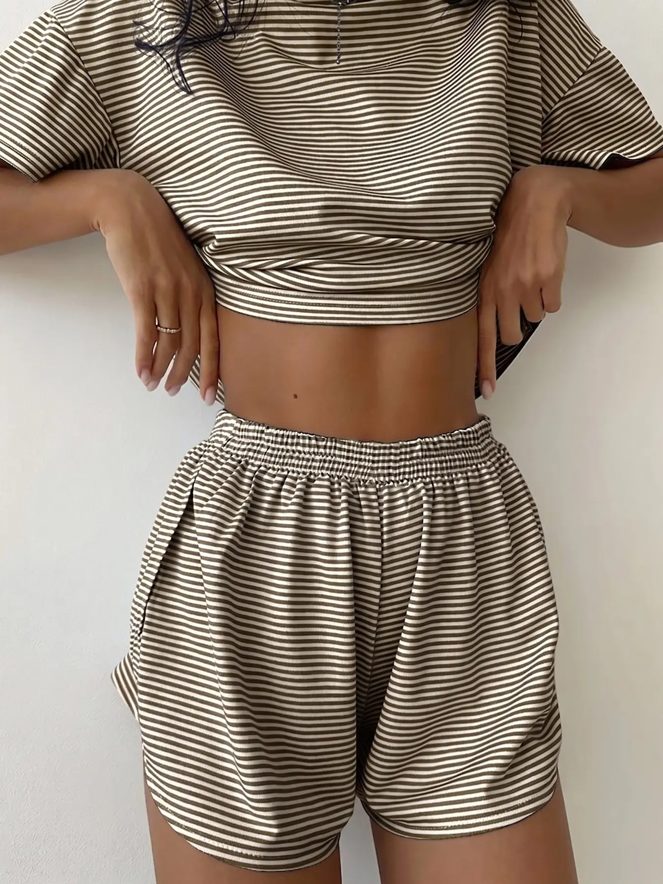 2-Piece  Striped Pajama Set, Short Top + Split Shorts, Soft Fabric, Casual Style, Home & Wear, All Seasons