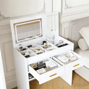 Aobtkel Flip Top Vanity Desk with LED Lighted Mirror, Built-in Outlet - Makeup Vanity Desk with 2 Drawers, Open Storage, Jewelry Hooks (No Stool Included, White)