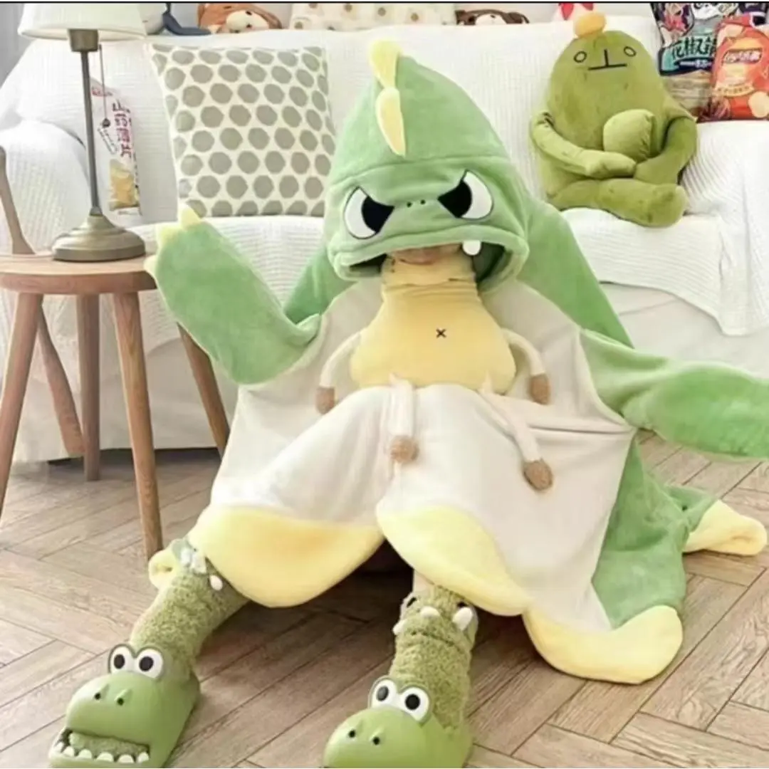 Funny Dinosaur Hooded Wearable Blanket for Adults, Cozy Flannel Animal Cape, Novelty Indoor Sleepwear Poncho and Fun Halloween Gift for Best Friends
