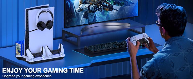 PS5 Slim Stand and Turbo Cooling Station with Dual Controller Charger Station for Playstation 5, PS5 Console Accessories with 3 Levels Cooling Fan 13-Game Organizer Headset Holder for PS5 Digital/Disc