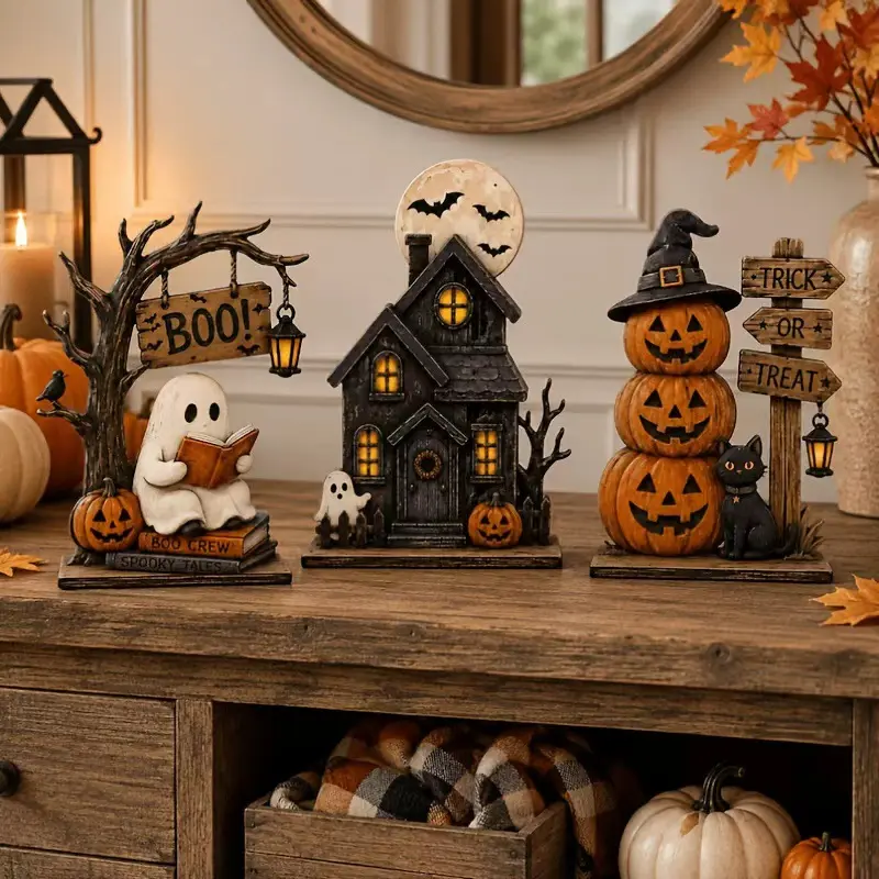 Vintage Halloween Tabletop Decor Set of 3, Resin Spooky Ornaments with Ghost, Haunted House, Stacked Pumpkin & Black Cat Figurines, Trick or Treat Sign, Fall Harvest Decor, Spooky Season Desktop Centerpiece for Home Mantel Shelf Decoration