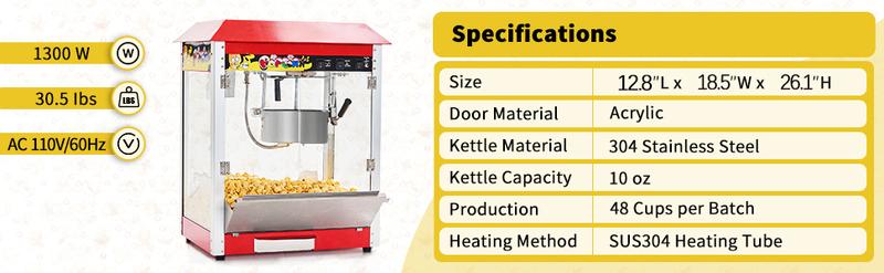 Commercial Popcorn Machine, 10 Oz Kettle, 1300W Countertop Popcorn Maker for 60 Cups per Batch, Movie Theater Popcorn Popper with 3-Switch Control, 2 Scoops 1 Cup, Red (18.5''L*12.8''W*25.8''H)