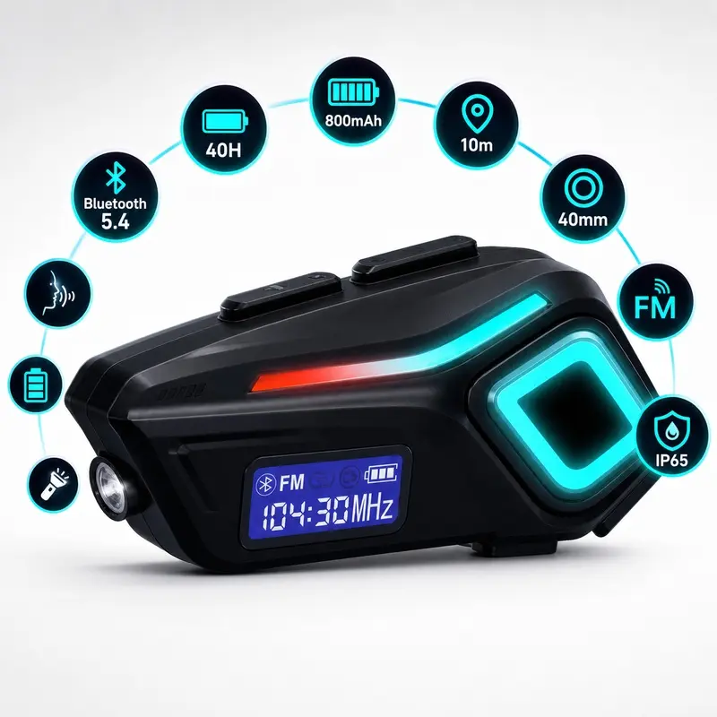 Motorcycle Helmet Bluetooth Headset, Bluetooth 5.4 Helmet Speaker with FM Radio, 800mAh Battery, 40H Talk Time and IP65 Protection