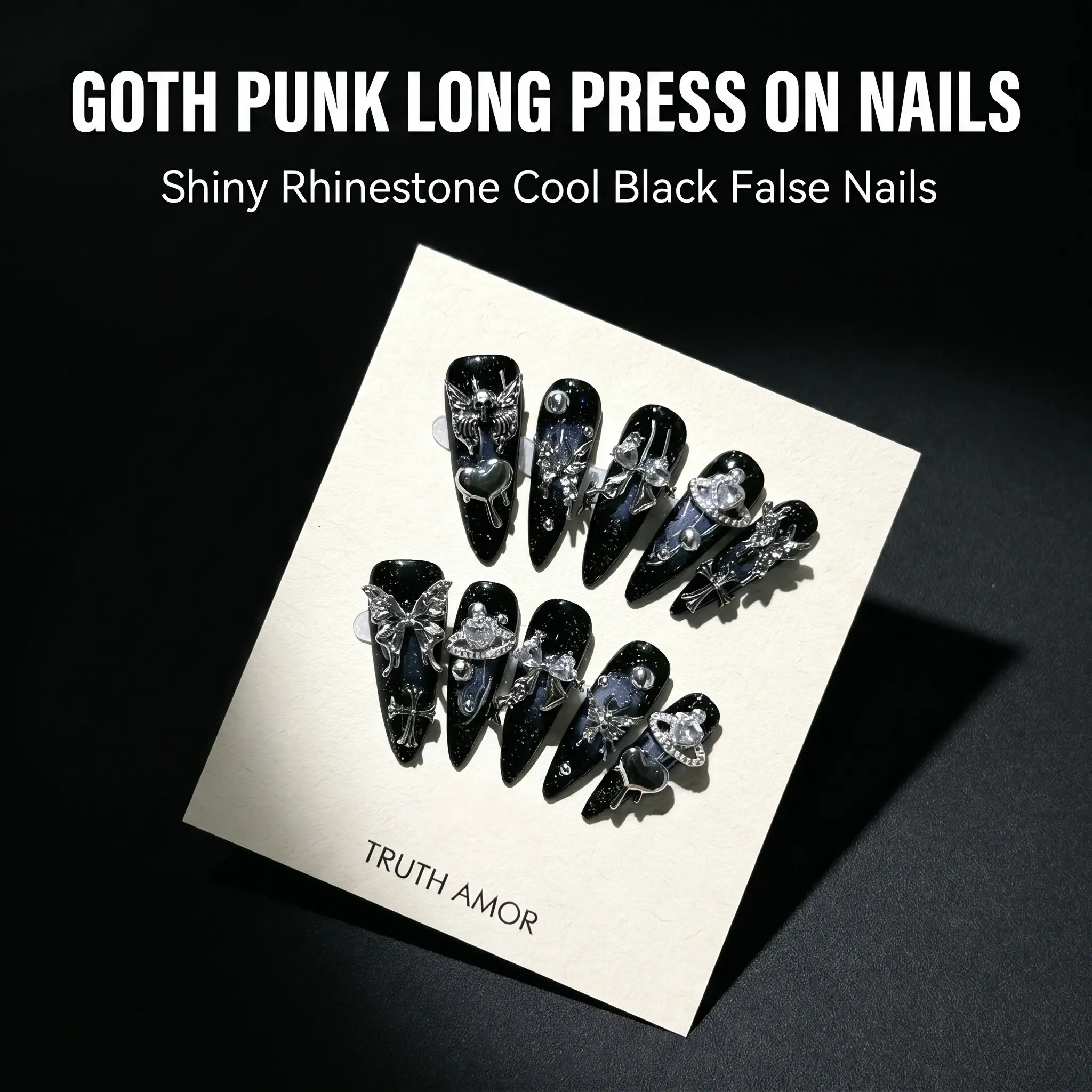 1Set, Fake Nails, Dark Galaxy Press On Nails, 10Pcs Long Stiletto Shape, Black Purple Glitter Ombre Base, Silver Butterfly Metal Rhinestone Charms, Easy Apply For Goth Outfit, ViralDarkGalaxyNail, TrendyGothManicure