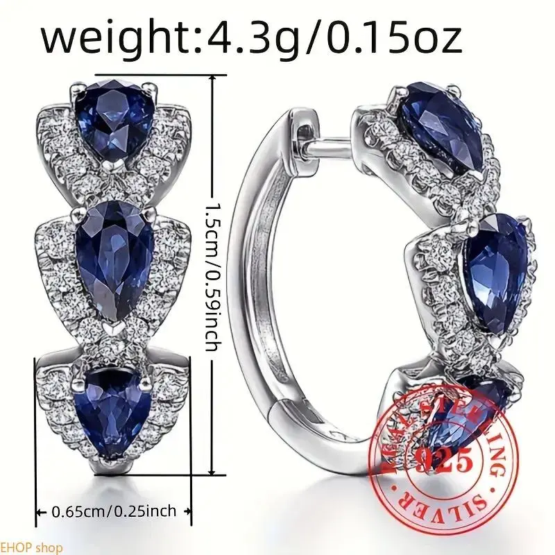 Elegant Luxury 925 Sterling Silver Hoop Earrings With Synthetic Blue Sapphires, September Birthstone, For Daily & Banquet Occasions, Ideal Valentine's Day Gift - 1 Pair, Synthetic Gems, Cute Unisex