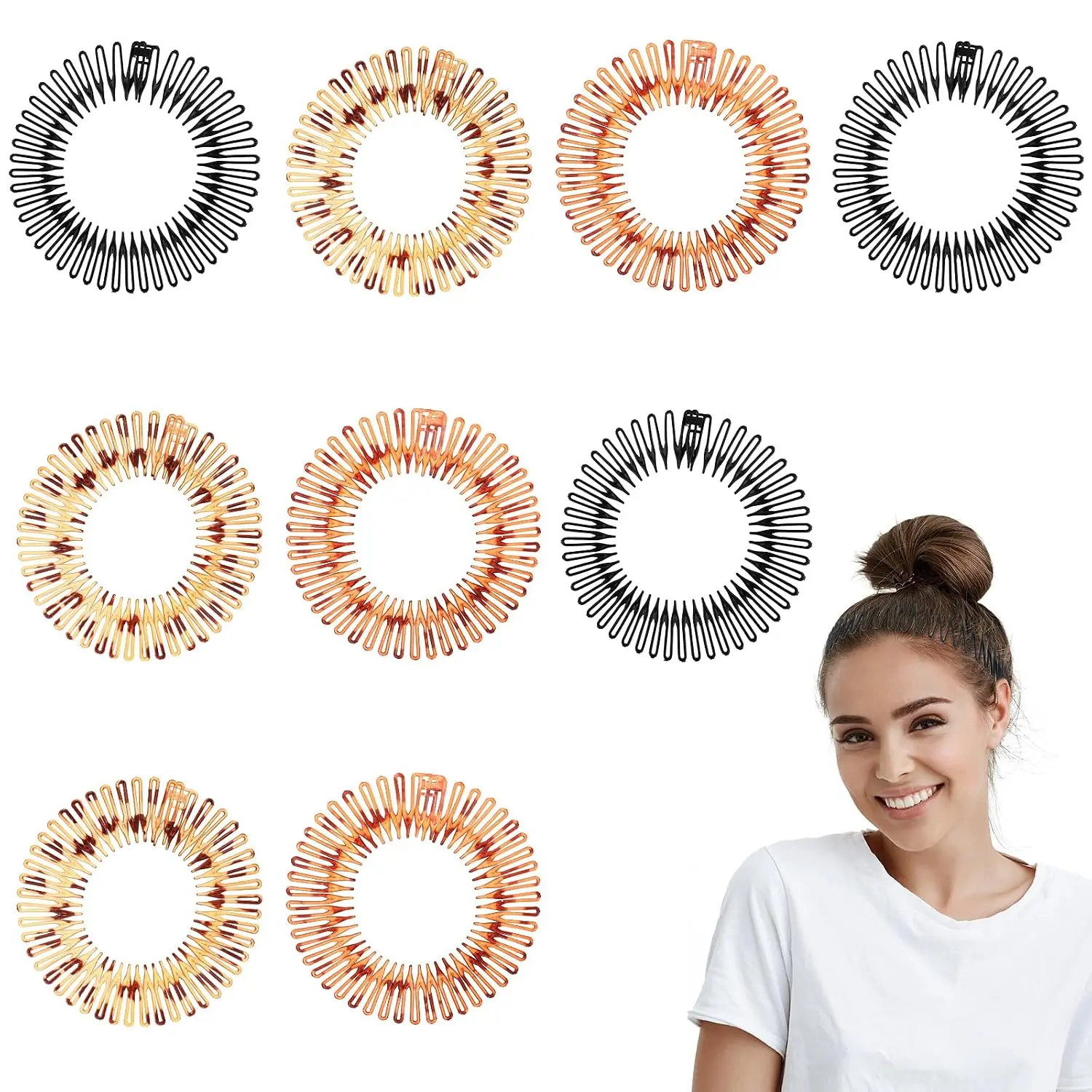 Hair Bands For Women 9 count Comb Headband Curly Headbands With Clips | , Elastic Band, Clip Holder Stretcher, Flexible, Tortoise, 90s Zig Zag,  Band, Hold Your , Stretchy