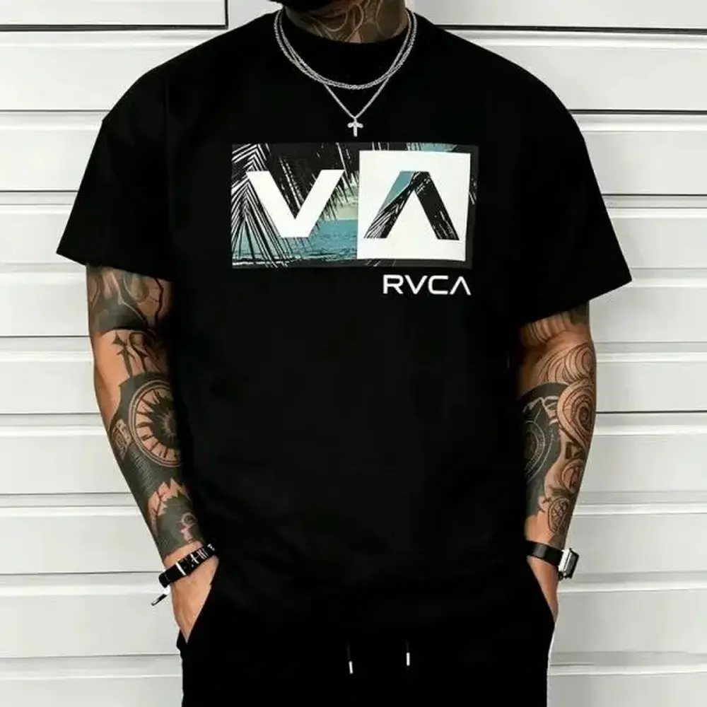 Men's Patterned T-Shirt 100% Cotton Short Sleeve Surf Top - California Palm Tree Beach Print, Regular Fit Streetwear Top, Wave Pattern, Distressed Effect, Cargo Shorts, Vintage Beach Style