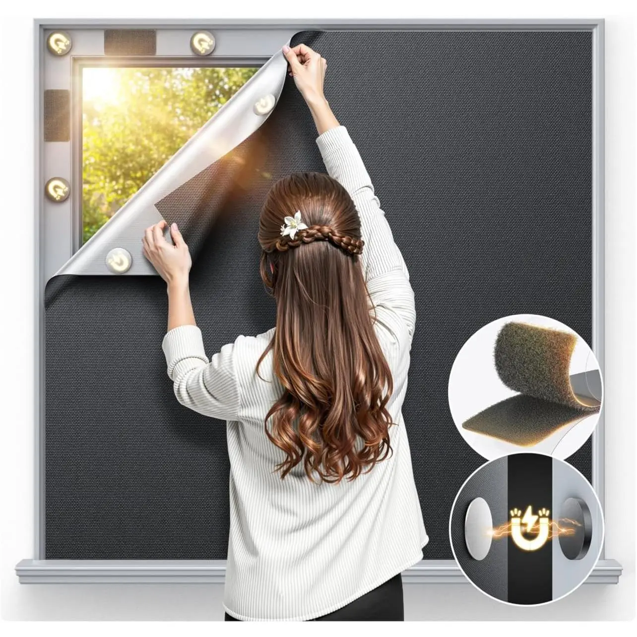 70" x 58" Magnetic Portable Blackout Window Curtain No Drill Temporary Privacy Black Out Shades Blinds for Bedroom Media Room Travel Skylight, Black