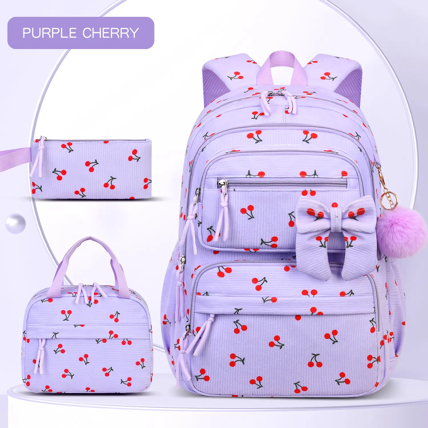 New 3 Piece Corduroy Backpack Set for Girls Bow Print Lightweight Trendy Casual bag Bundle Stylish Day for Elementary School Travel Shopping Weekend Trip Daily Casual Wear
