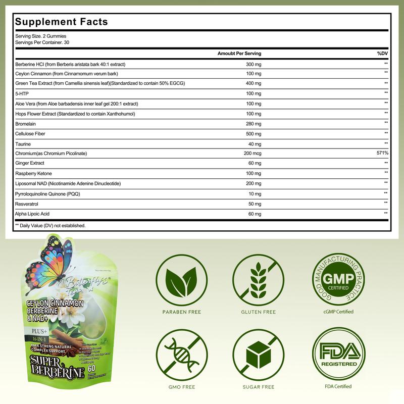 Butterfly's Tear Berberine & NAD+ Gummies – Daily 16-in-1 Support for Metabolic Health, Energy & Digestive Balance | Ceylon Cinnamon, PQQ, Resveratrol | 60 Count