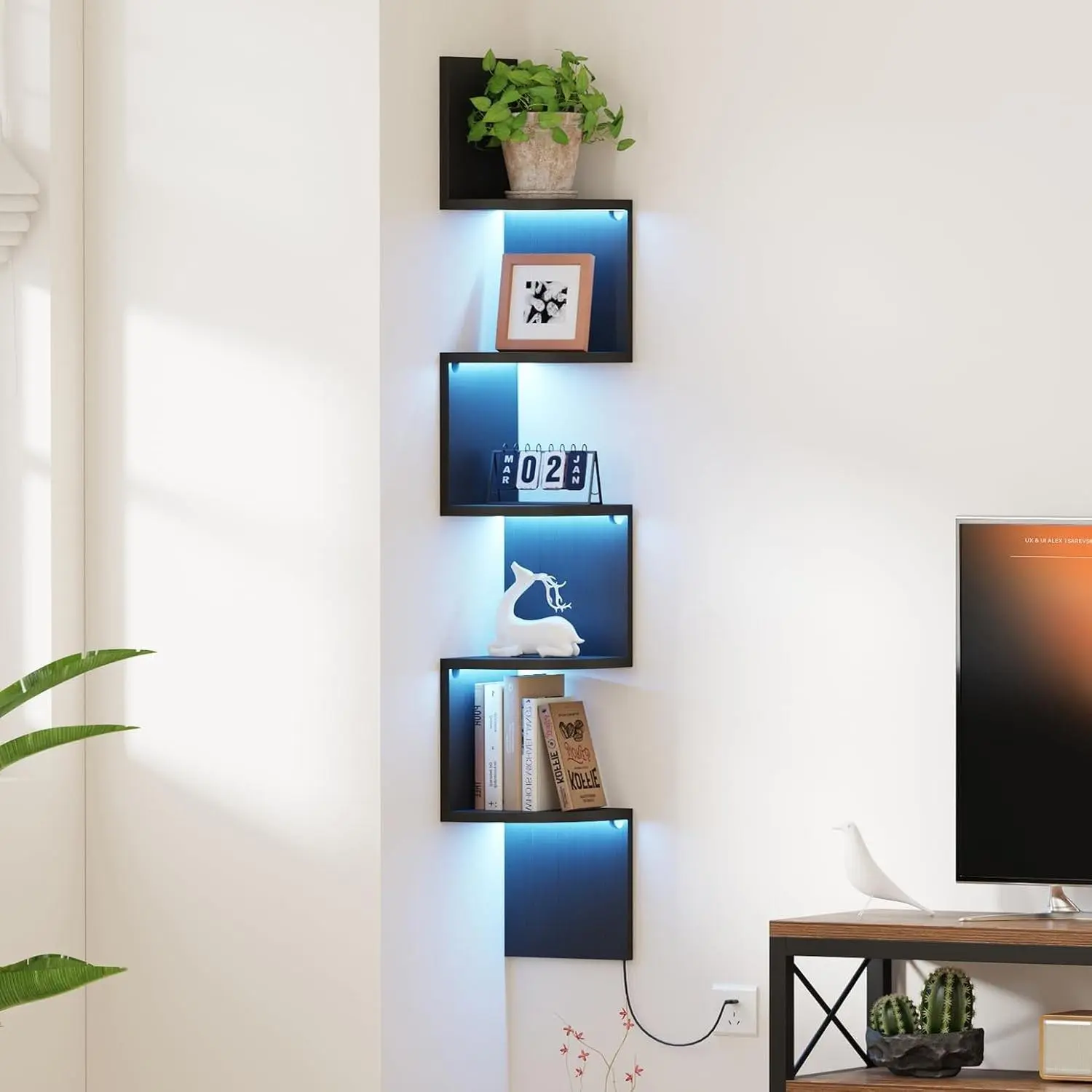 Black 5-Tier L-Shaped Staggered Corner Floating Shelf (49in) with RGB LED Lights - 22 Modes, 6 Brightness Levels, Remote Control, Scratch-Resistant Laminated Surface, 15-Min Assembly for Room Decor