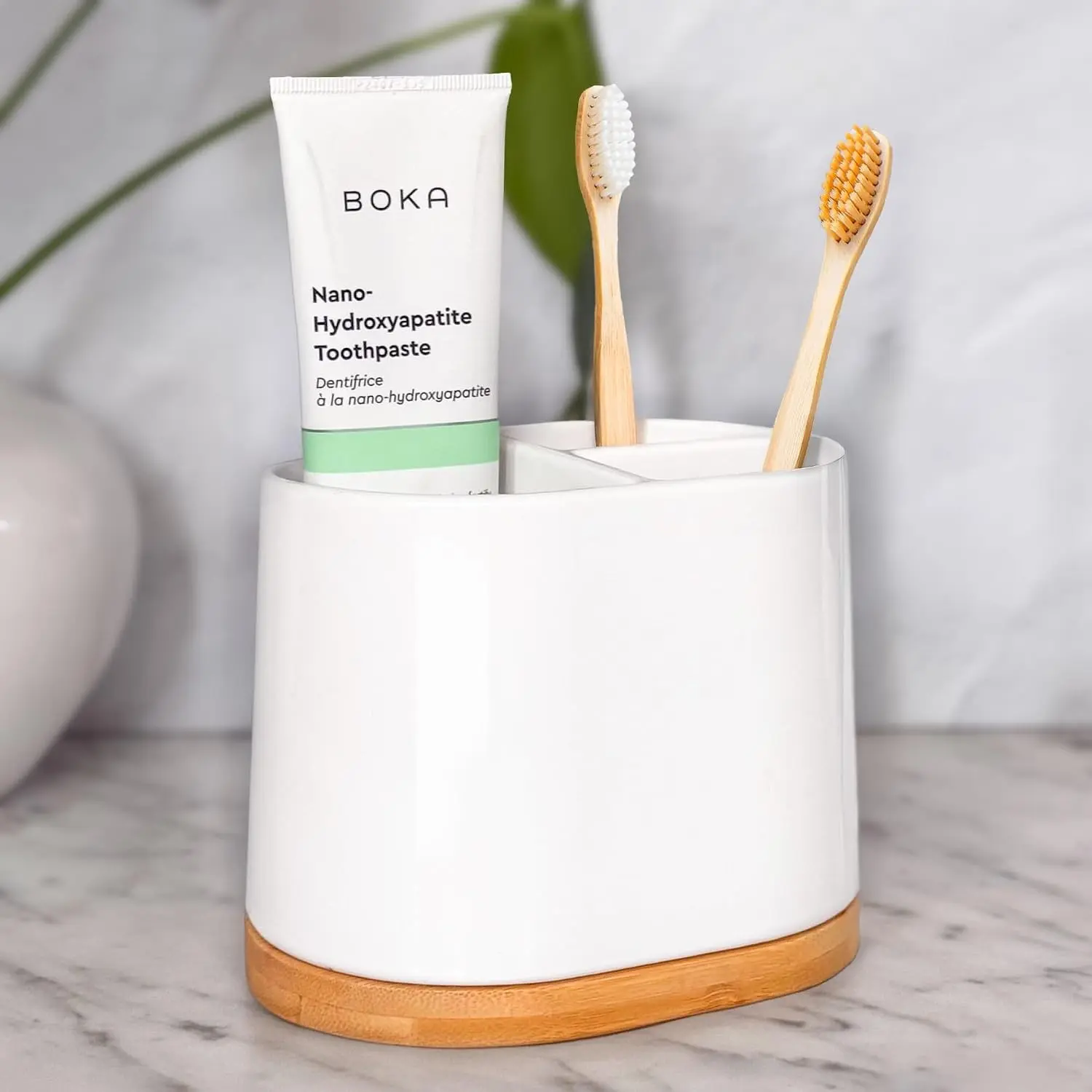 Large Toothbrush Holder for Bathrooms with Bamboo Base | Modern 3-Slot Compartment White Ceramic Marble-Like Toothpaste Cup for Electric and Kids ToothbrushesGift