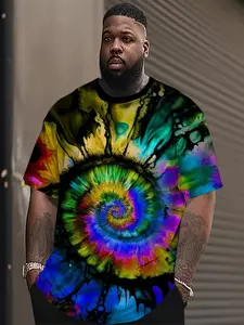 Large Size Men's Rainbow Spiral Tie Dye T-Shirt, Loose-Fitting Short Sleeve, All over Print, Casual Streetwear, All Seasons, Menswear