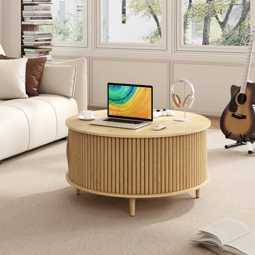 Round Fluted Coffee Table with Hidden Storage, Lift-Top Design & Side Open Shelf, Two-Layer Natural Wood Tabletop with Sliding Cabinet Doors, Sturdy Solid Wood Legs & Soft-Close Hinges, Ideal for Living Rooms & Small Spaces
