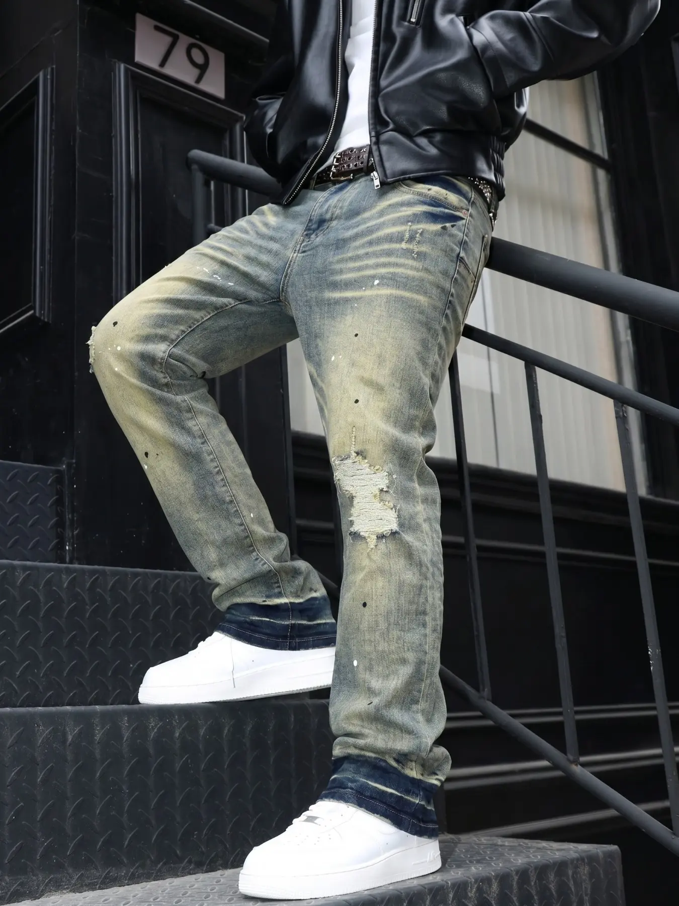 Men's Mud Dye Splatter Hole Elastic Stretch Fashion Ripped Straight Leg Jeans, American High Street All Season Casual Long Pants, Slim-Fitting Denim