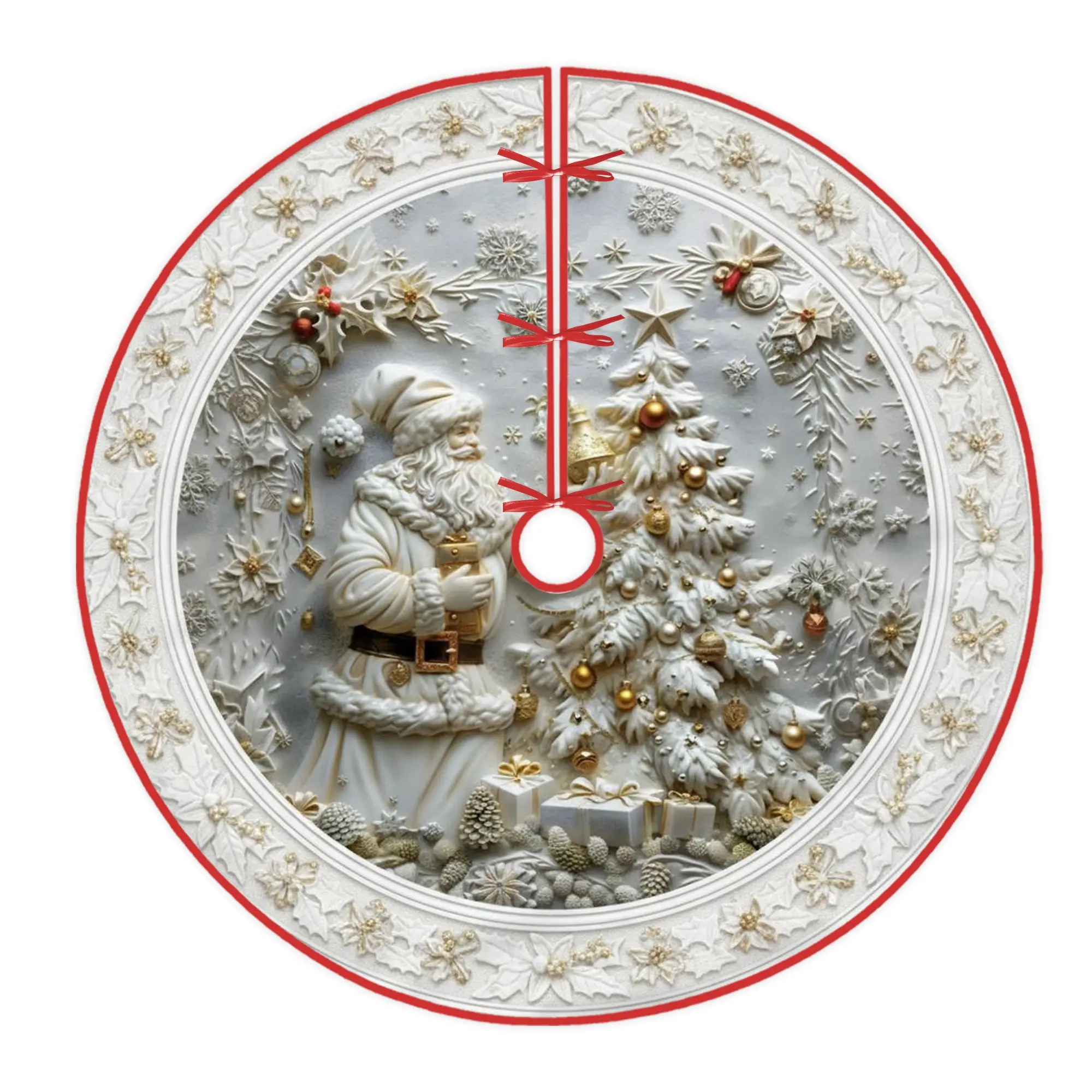 Santa Tree Skirt, Christmas Festive Christmas Tree Presents Christmas Gold Reusable Velvet Knit Tree Skirt for Home Shopping Mall Indoor Outdoor Festival Party Decor