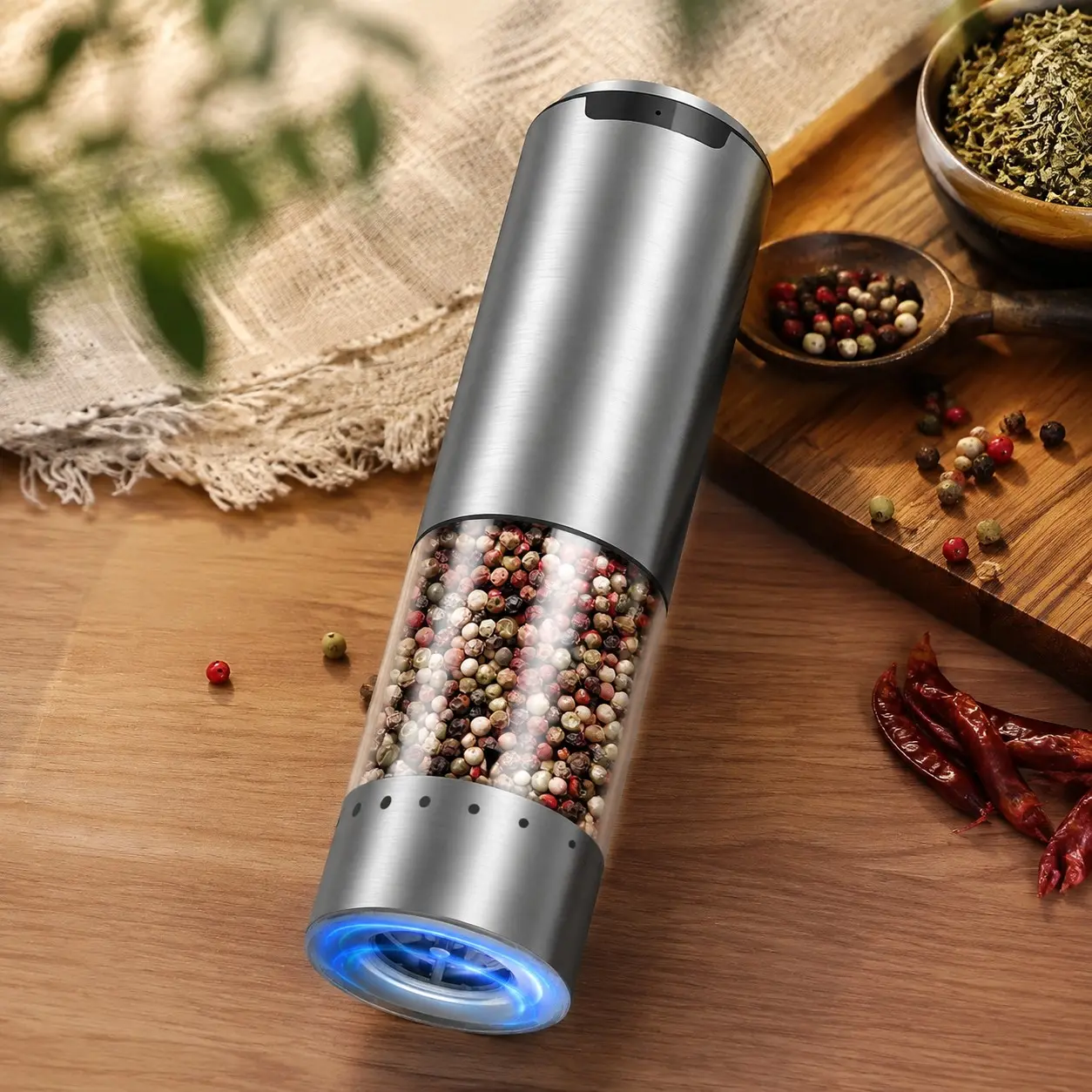 Electric Pepper Grinder Stainless Steel Rechargeable Pepper Mill with Adjustable Coarseness, 95ml Container and White LED Light, SilverGift