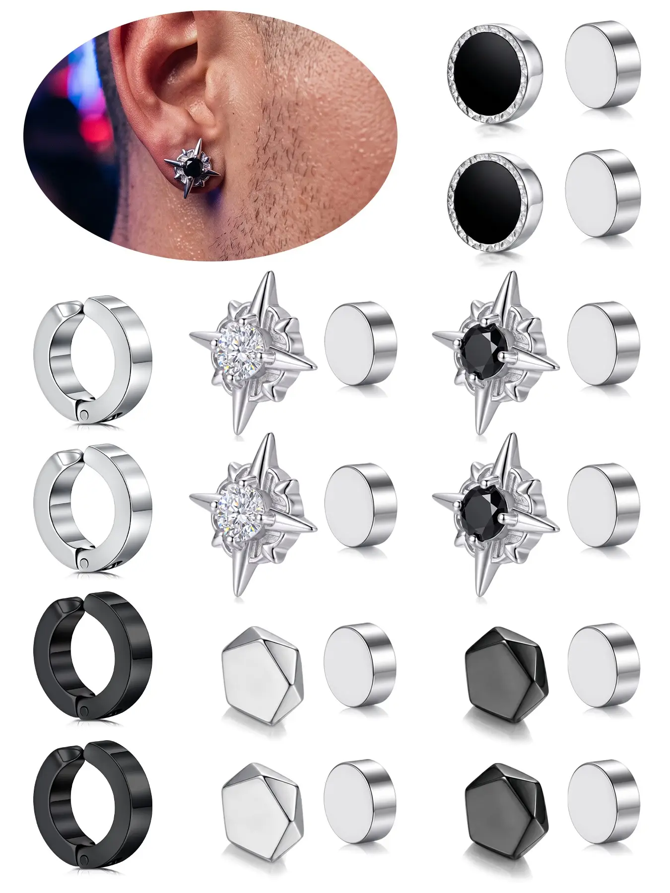 7Pairs Magnetic Stud Earrings for Men Women Polaris Geometry Circle Punk Clip on Earrings Hypoallergenic Stainless Steel Non Piercing Fake Earrings Silver Black Not Easy to Fall Halloween