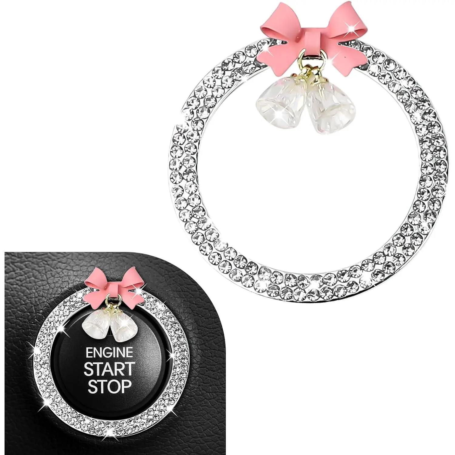 Cute Bow Bling  Push Start Button Decoration Ring,  Rhinestone Engine Start Button Cover, Push to Start Sticker  Decoration, Automotive Key  & Knob Bling Ring (White)