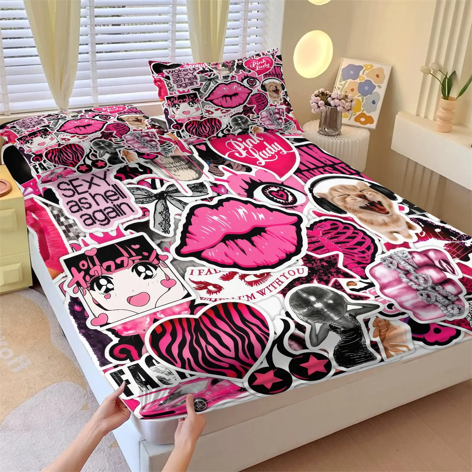 Y2K Pink Black Sticker Collage Print Fitted Sheet Set 3 Piece with 2 Pillowcases, Aesthetic Lip Zebra Heart Anime Girl Print Bedding Set, Trendy Grunge Sticker Bomb Mattress Cover, Soft Microfiber Bedroom Decor For Teen Girls