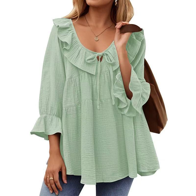 Women'S Plus Size Elegant Blouse with Ruffle Trim, Tie Front, and Bow Detail - Loose Fit, Long Sleeve, Solid Color, Polyester,  Fabric Shirts