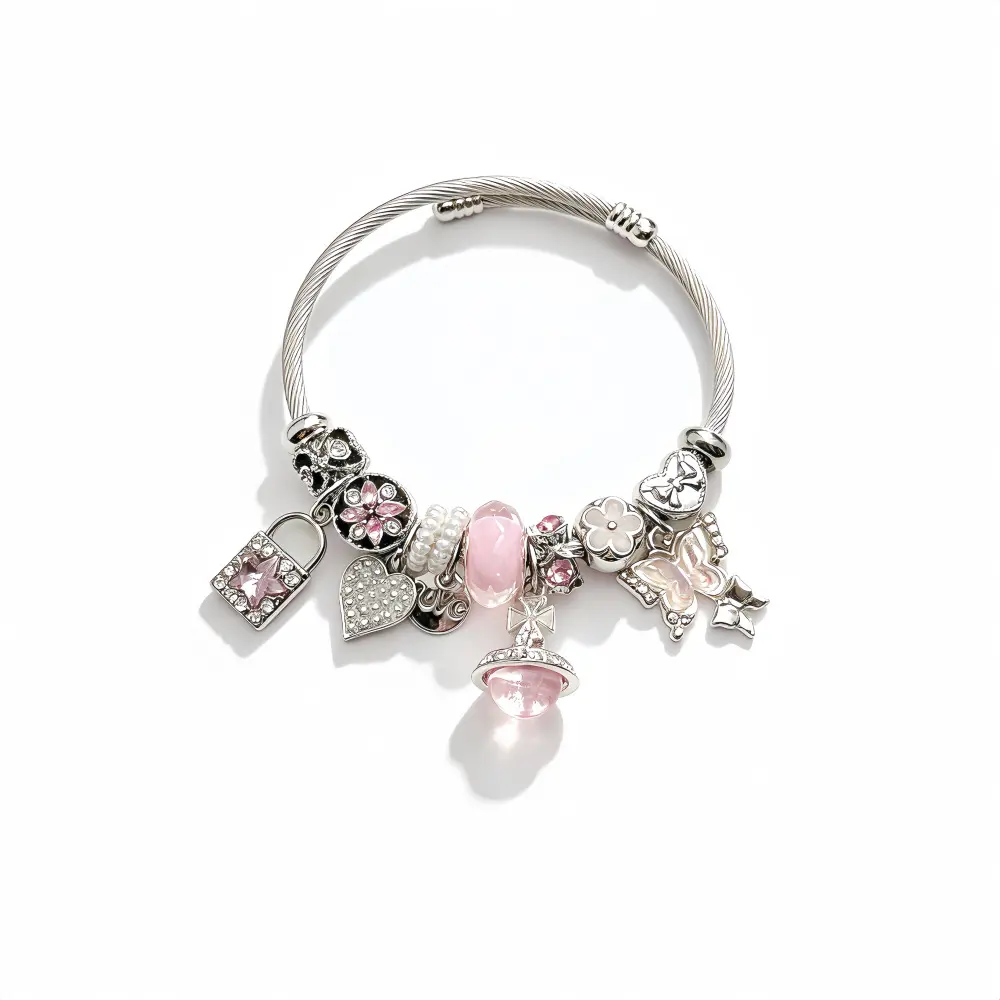 Sweet Pink Butterfly Planet Charm Bangle Stainless Steel Rhinestone Inlay Beaded Bracelet for Women Cute Y2K Heart Lock Jewelry Gift
