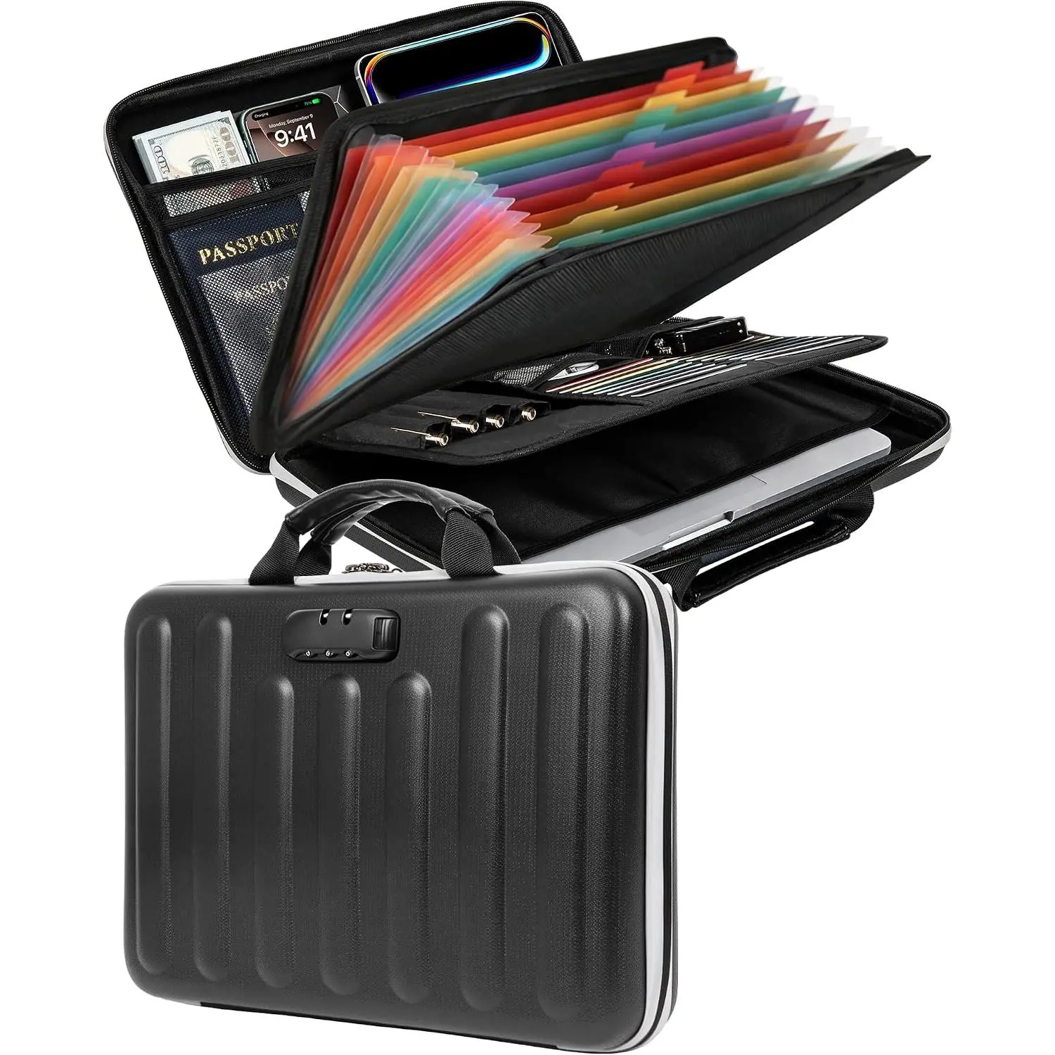 Black Fireproof Document Box with Lock - Fiberglass Hard Case, Zipper Closure, 15.2" x 12" x 2.8", 13-Pocket Accordion File, 8-Layer Structure, Water Resistant, 360° Reflective Strip, Safety Home Storage for Important Documents & Valuables