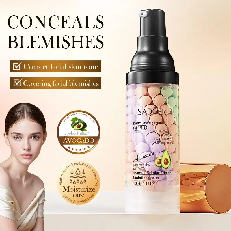 SADOER 4-In-1 Primer for Face, Hydrating Makeup Base, Avocado Tricolor Primer Isolation Cream, One Step color Corrector, Long-Lasting coverage oil Control & Moisturizing Skin Tone Correcting, Perfect for All Skin Types