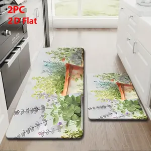 2/3 Piece Flannel Kitchen Mat Set, Light Blue Gradient, Terracotta Pots, Succulents & Lavender, Vintage Industrial Style, Non-Slip