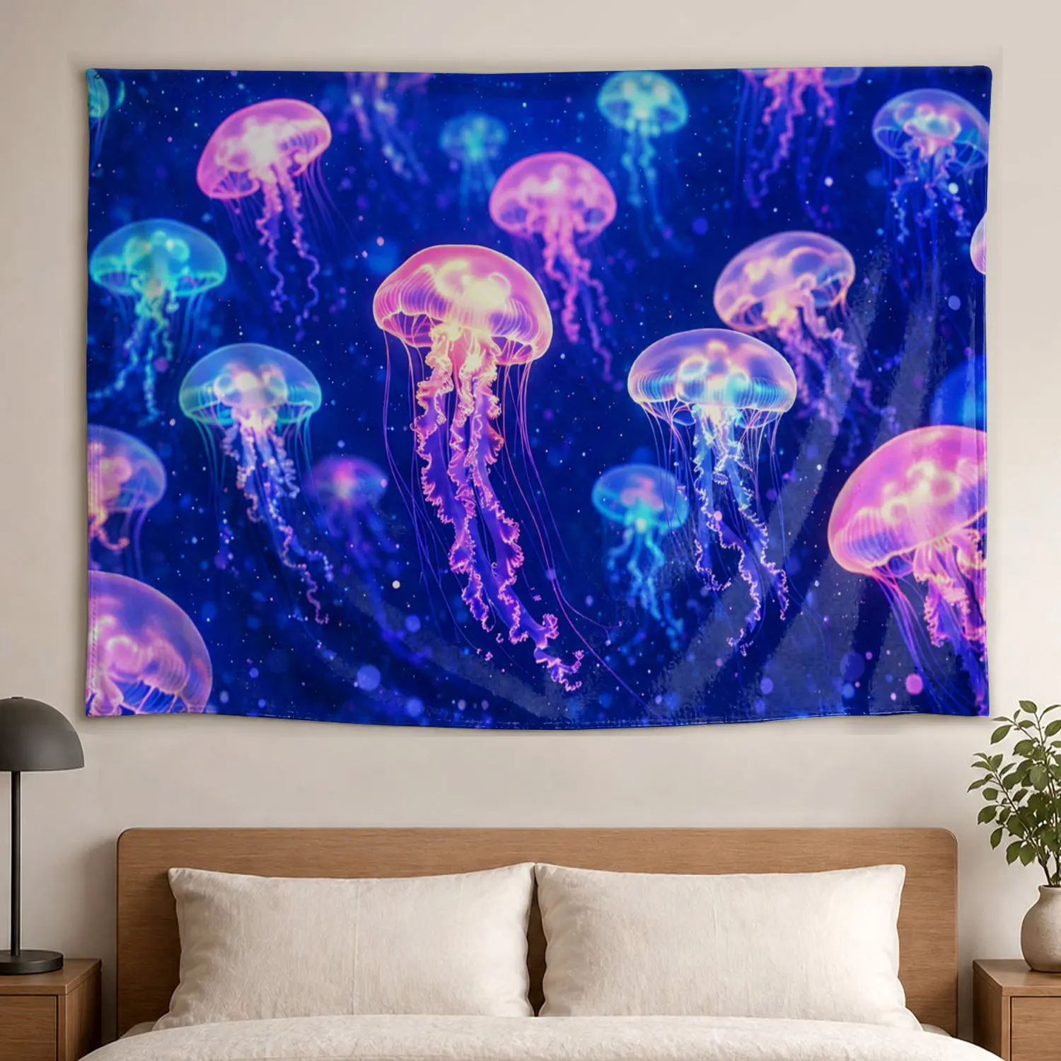 Large Horizontal Glowing Neon Jellyfish Ocean Deep Sea Polyester Tapestry - Colorfast, High-Def Print, No-Installation Wall Decor Artwork, Multi-Size Indoor/Outdoor Hanging, Family Gift Idea