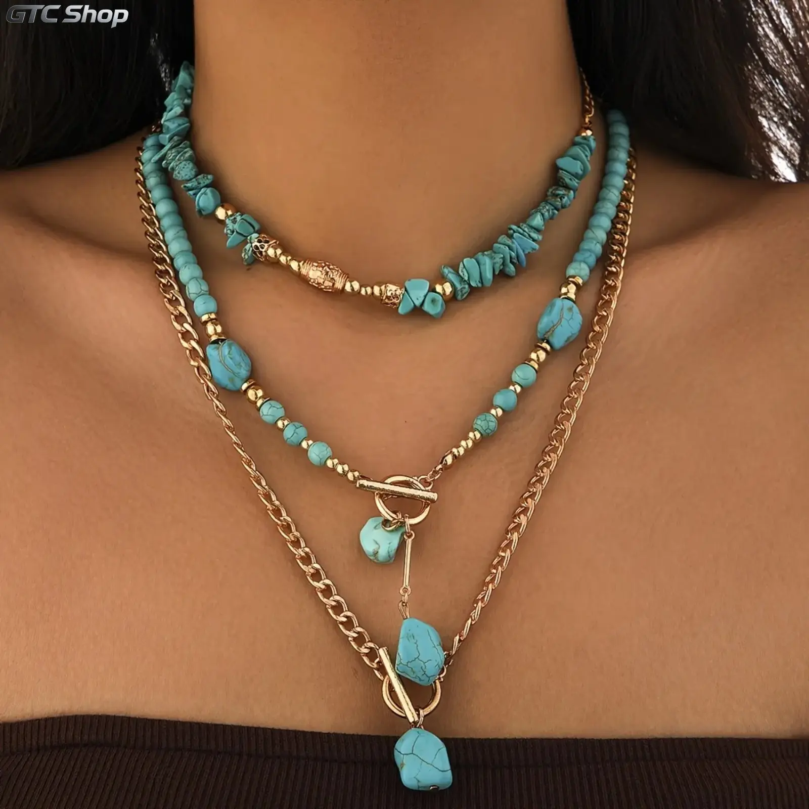 Women's 3-Pack Turquoise Beaded Stackable Bohemian Necklaces - Layered Strands, Casual Wear, Vacation Gifts - Sports & Outdoor Camping Hiking Hammock Accessory, Bohemian Look
