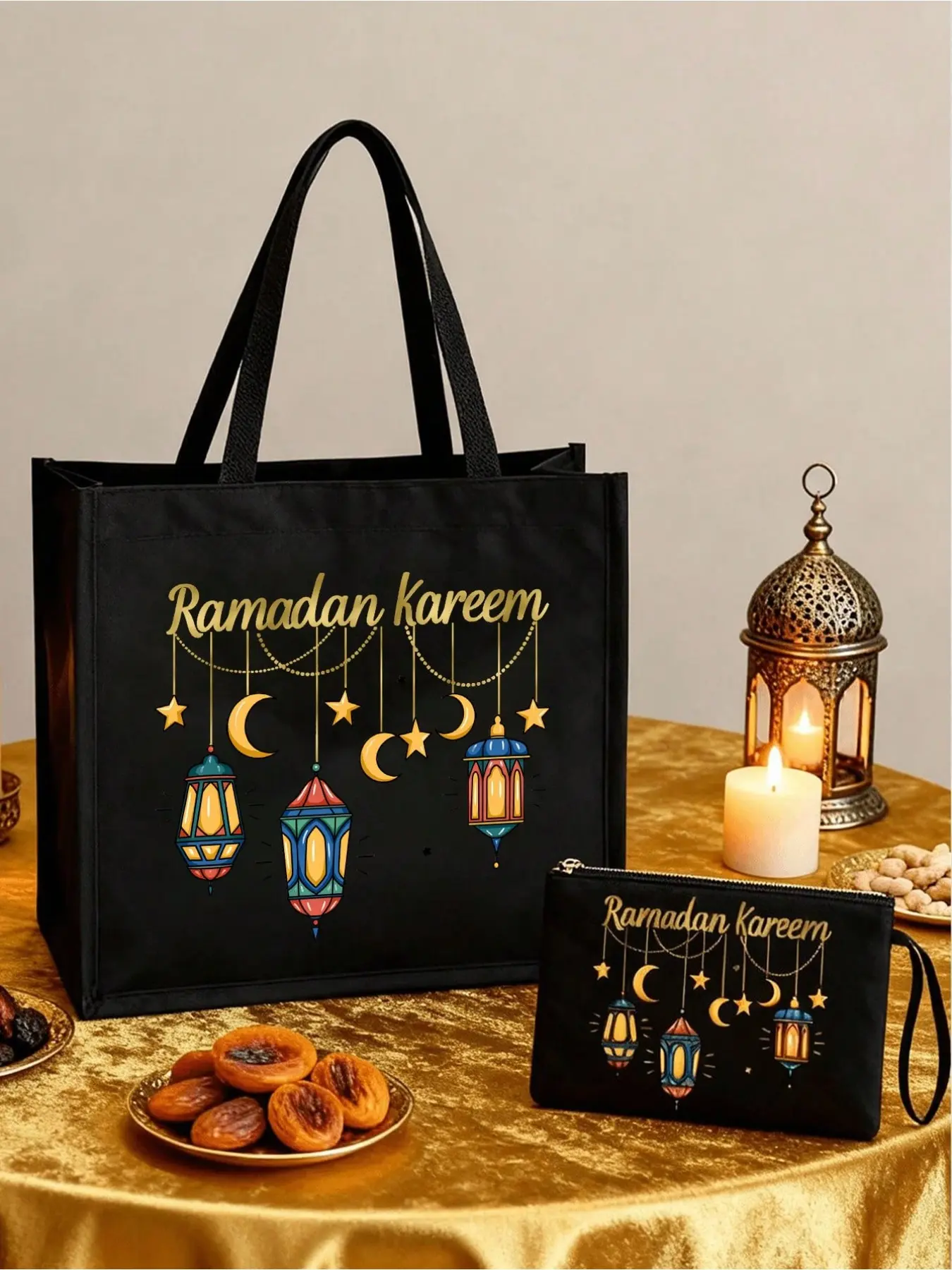 Large Capacity Linen Tote Bag, Sunrise Lantern Moon Star Patterns, Eid Mubarak Gift, Islamic Festival Home Decor, Portable Shopping Bag