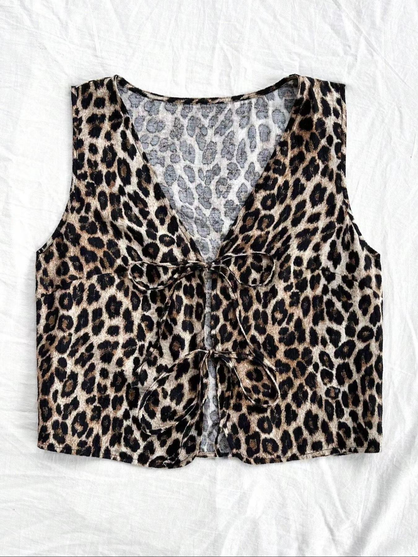 Women's All Over Print Leopard Tie Front Fitted Tank Top, Casual Sleeveless V Neck Top for Summer, Ladies Clothes for Daily Wear